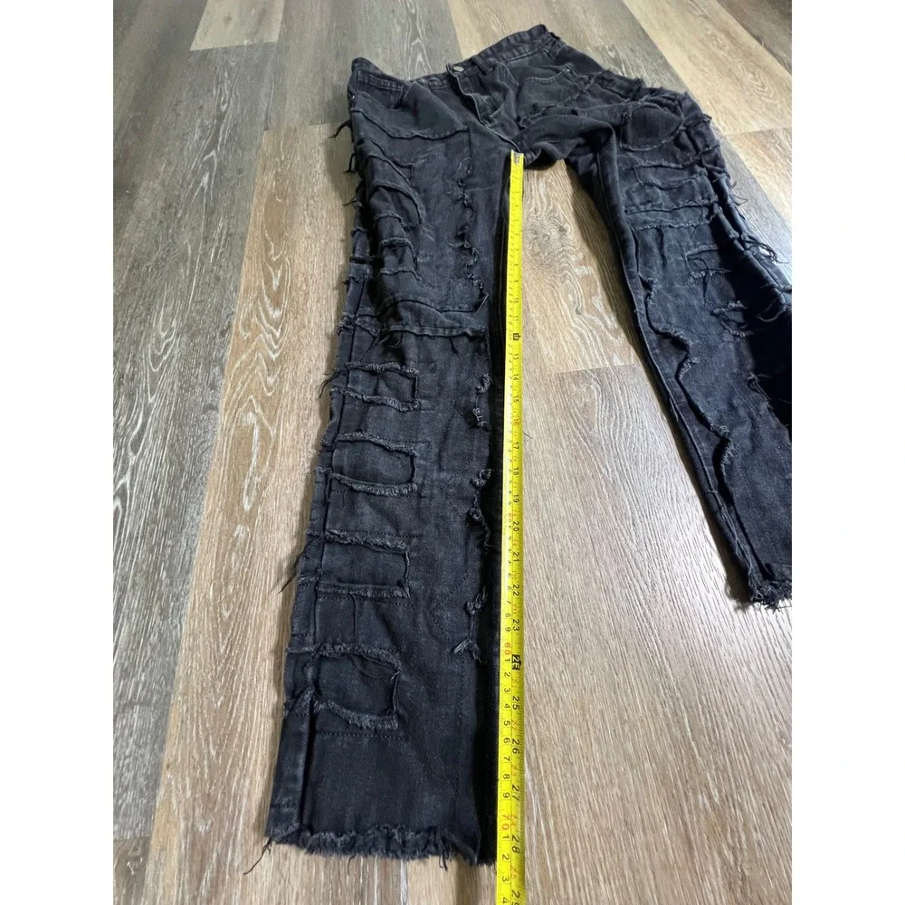 Unbranded Distressed Patchwork Jeans Mens 32 Black Raw Edge Frayed Straight Leg
